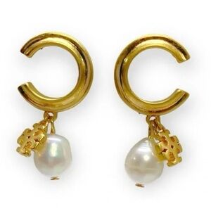 Tory Burch gold and pearl with logo charm drop earrings